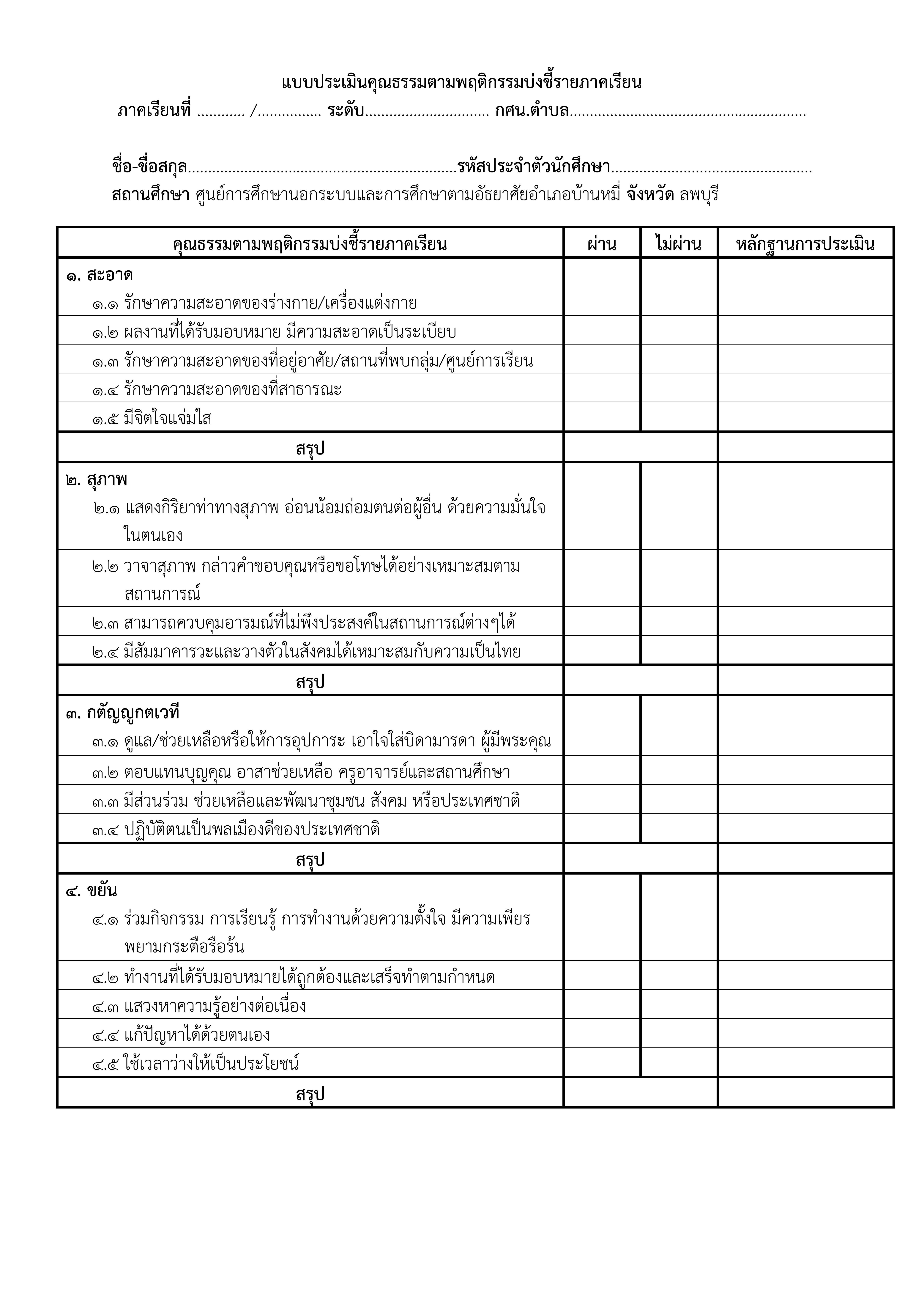 แบบประเมินคุณธรรมตามพฤติกรรมบ่งชี้รายภาคเรียน 001
